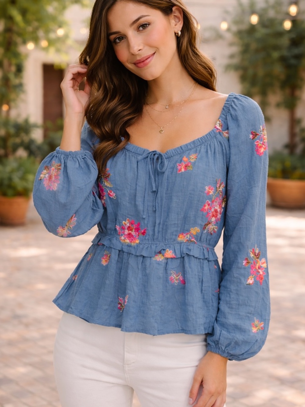 Blue Floral Embroidered Peplum Blouse - NWT